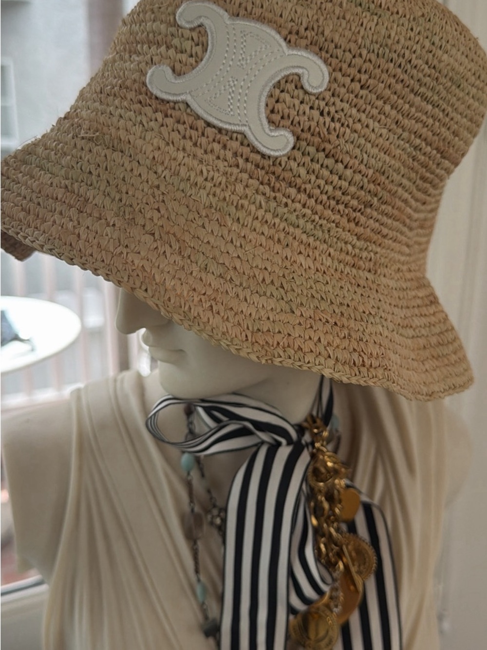 Straw Bucket Hat with White Leather Logo Patch - teen Accessories xs teen